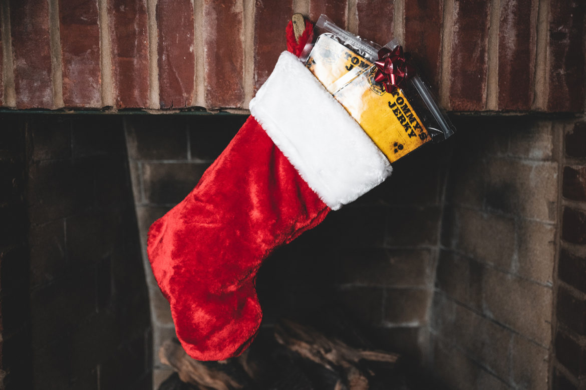 Red stocking hanging with jerky inside