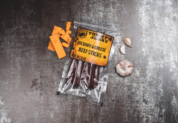 Beef stick in bag with cheese, and garlic