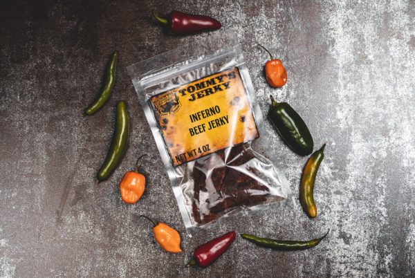 Inferno beef jerky in bag with peppers