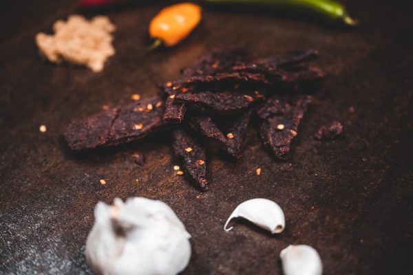 Beef jerky with peppers, garlic, and brown sugar